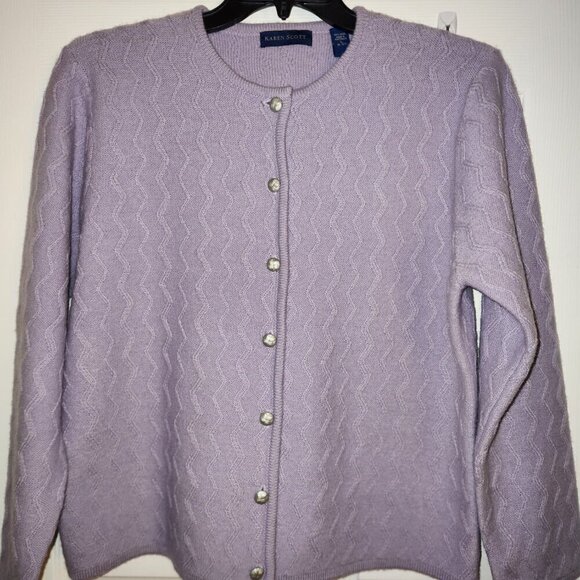 Karen Scott 100% Wool Long Lavender Cardigan Sweater large - Picture 3 of 8